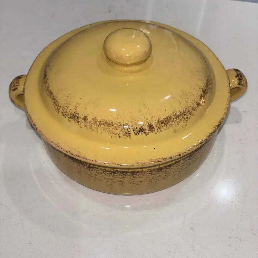 De Silva Yellow Glazed Terracotta Covered Casserole Dish Italy